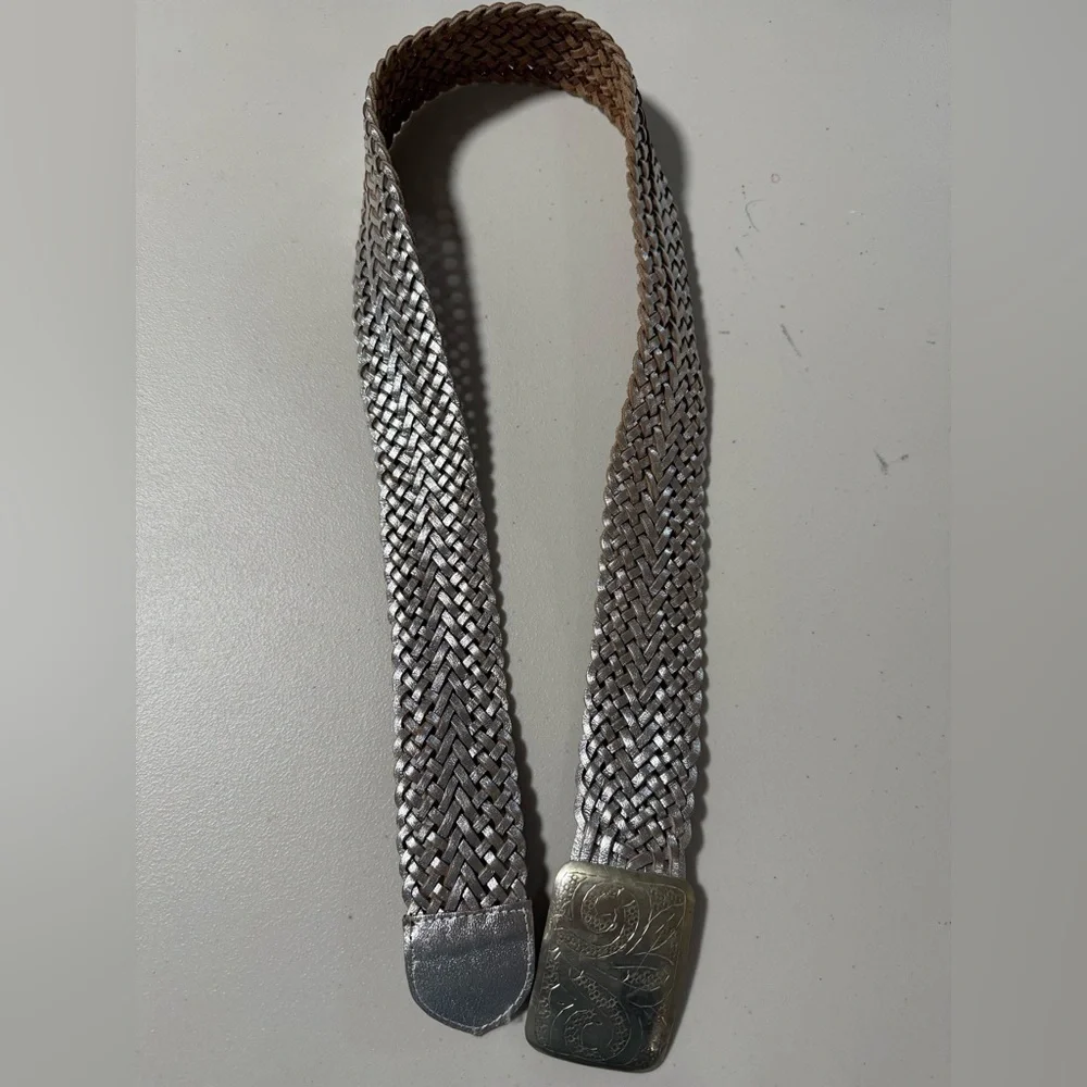 Gerard Darel Silver Braided Belt Western Buckle Rodeo Boho Southwestern